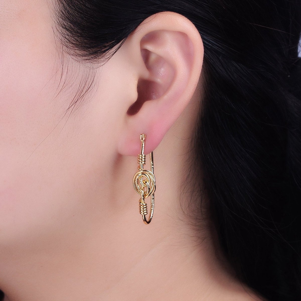 Gold, Silver Rose Flower Wire Coil Textured Oblong Oval Thin Latch Earrings | AD812 AD813