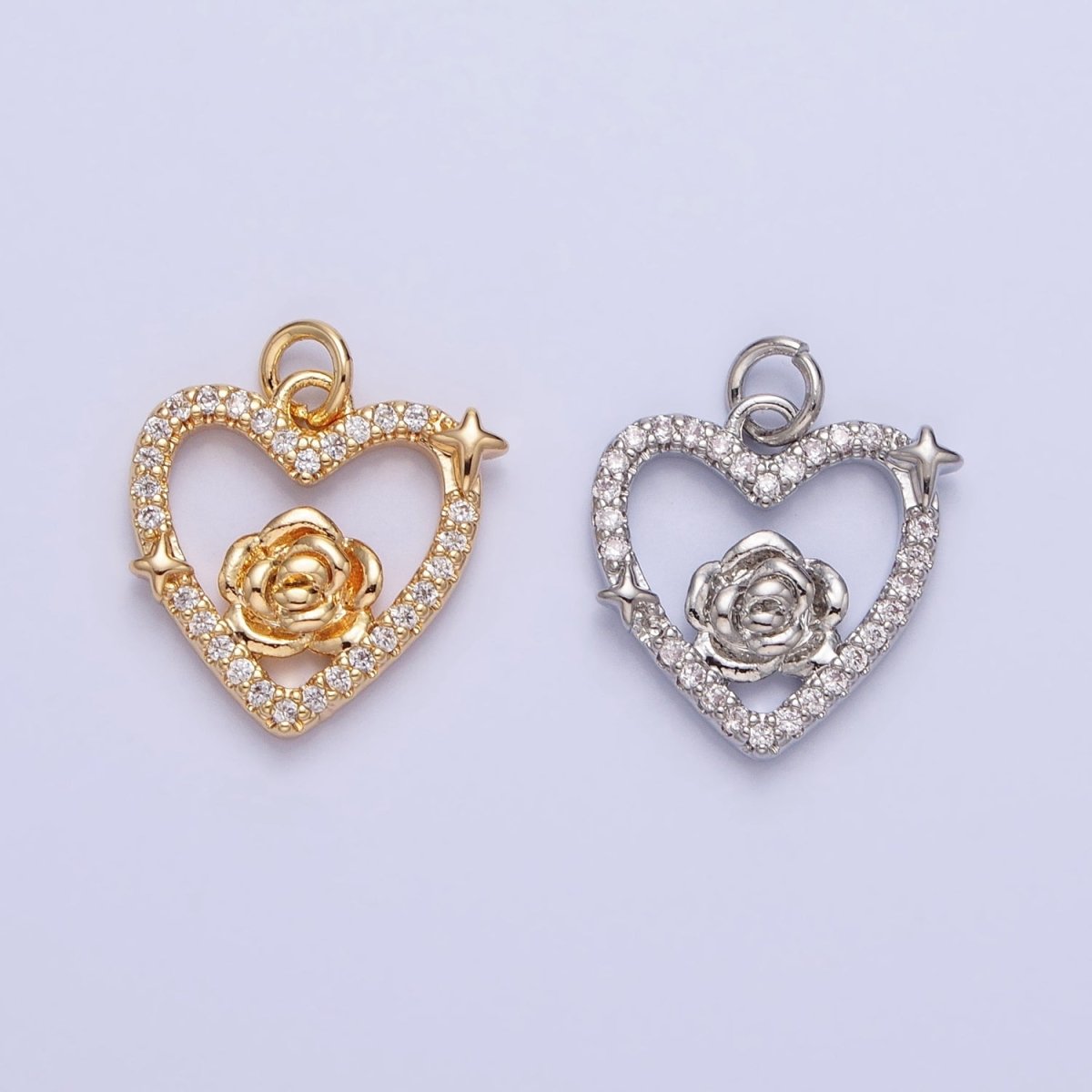 Gold, Silver Rose Star Micro Paved Open Heart Charm | AC717 AC718