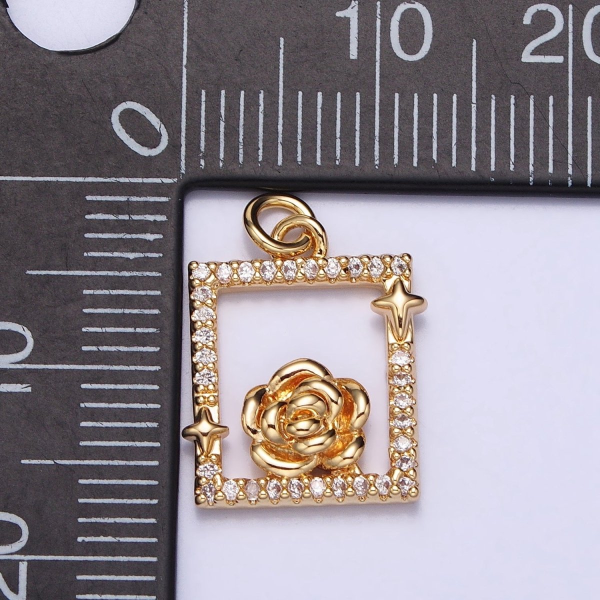 Gold, Silver Rose Star Micro Paved Open Square Rectangular Charm | AC699 AC700