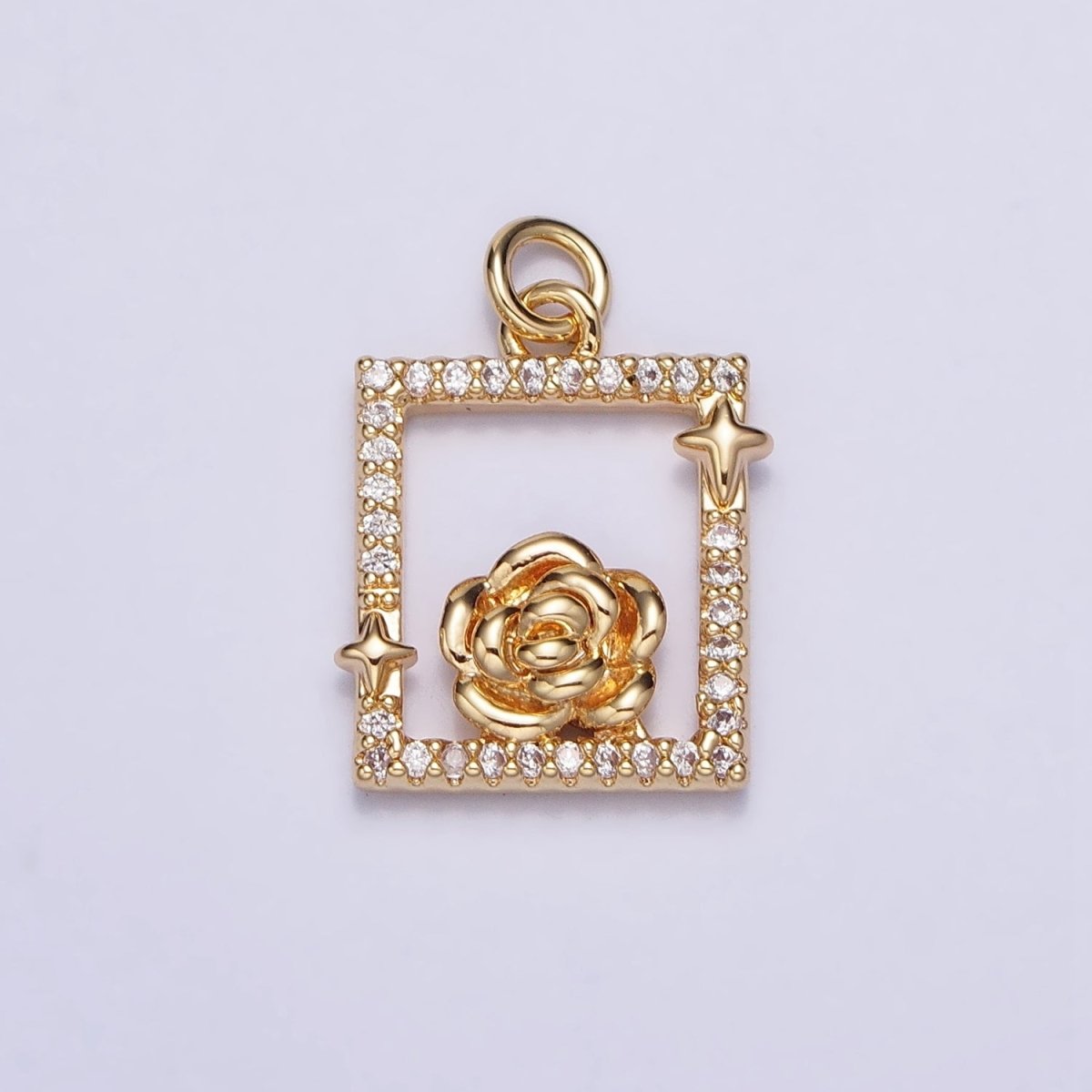 Gold, Silver Rose Star Micro Paved Open Square Rectangular Charm | AC699 AC700