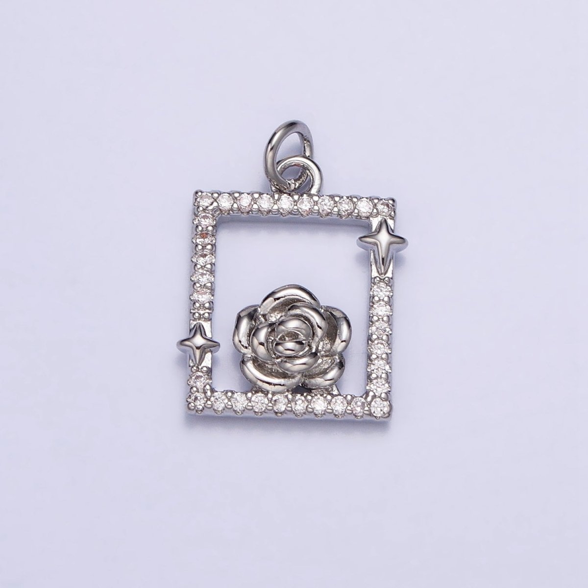 Gold, Silver Rose Star Micro Paved Open Square Rectangular Charm | AC699 AC700