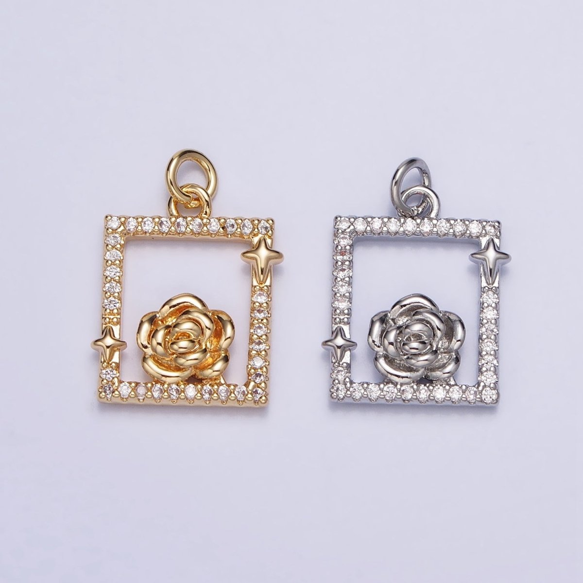 Gold, Silver Rose Star Micro Paved Open Square Rectangular Charm | AC699 AC700