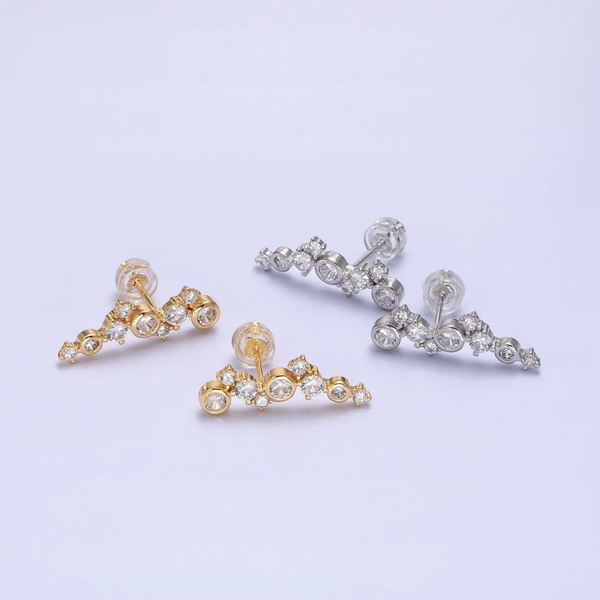 Gold, Silver Round Clear Bezel CZ Stars Abstract Lined Stud Earrings | AB578 AB579