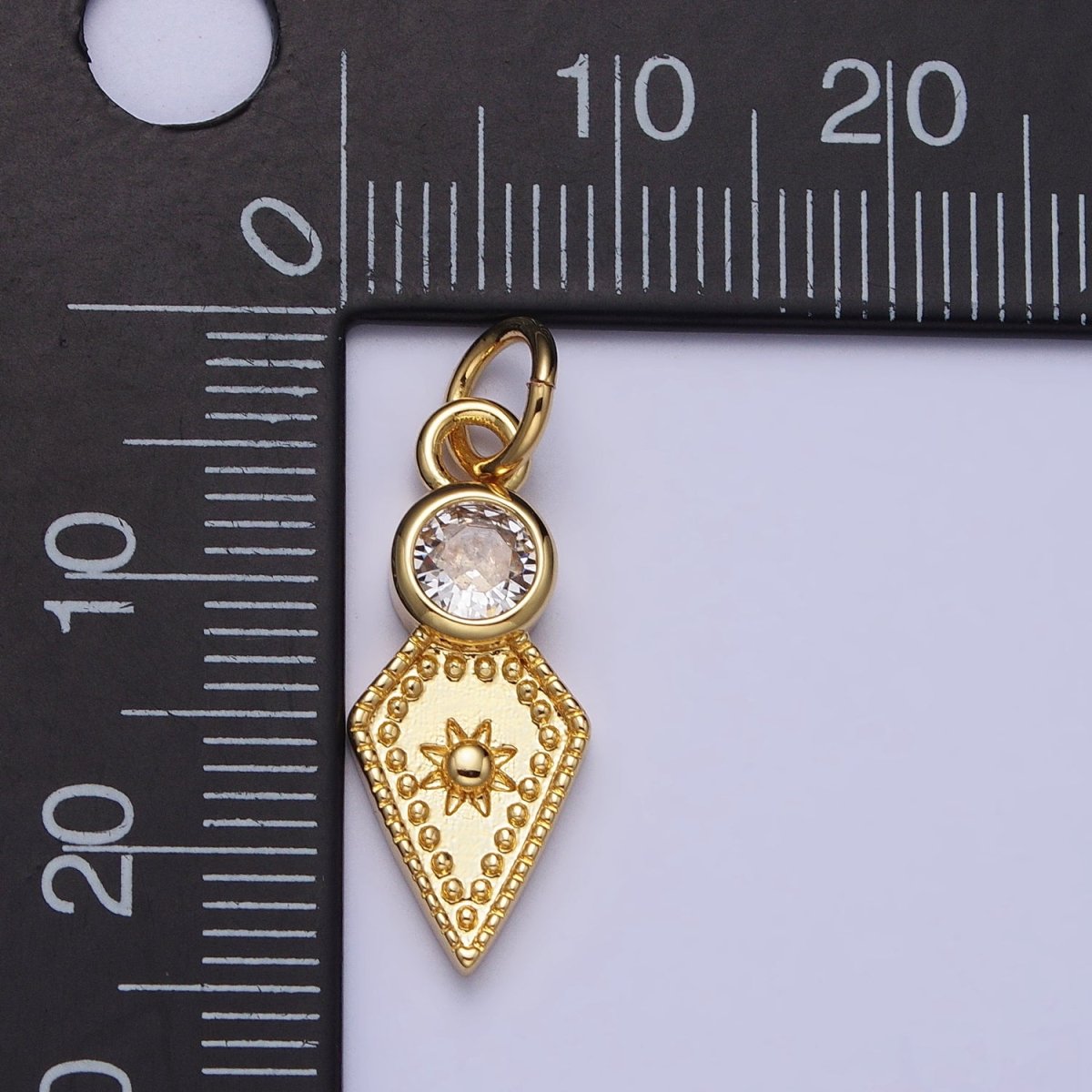 Gold, Silver Round Clear CZ Celestial Sun Star Rhombus Spade Arrow Charm | AC980 AC988