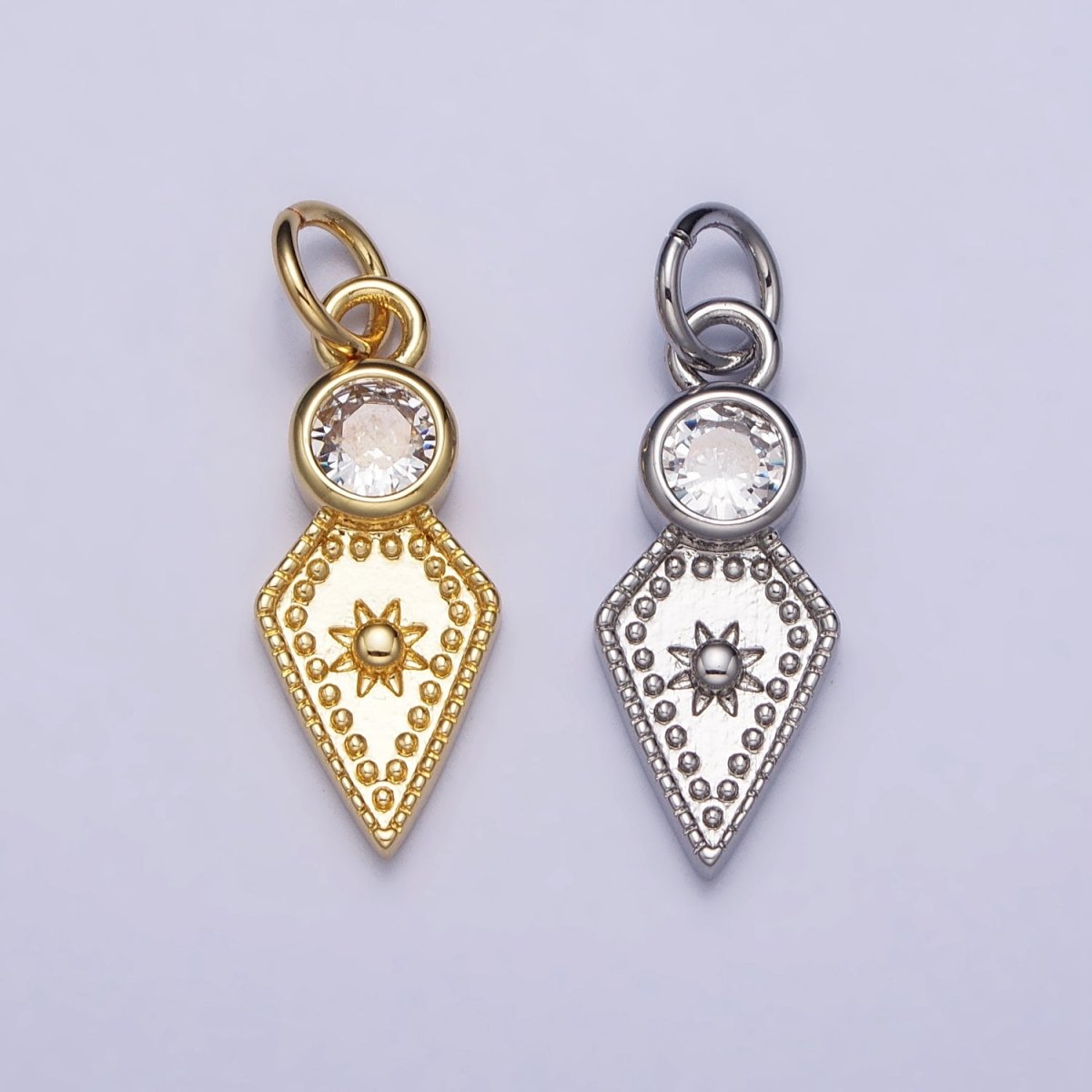 Gold, Silver Round Clear CZ Celestial Sun Star Rhombus Spade Arrow Charm | AC980 AC988