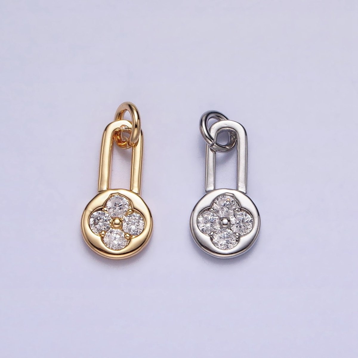 Gold, Silver Round Clear CZ Quatrefoil Clover Lock Add-On Charm | AC613 AC614