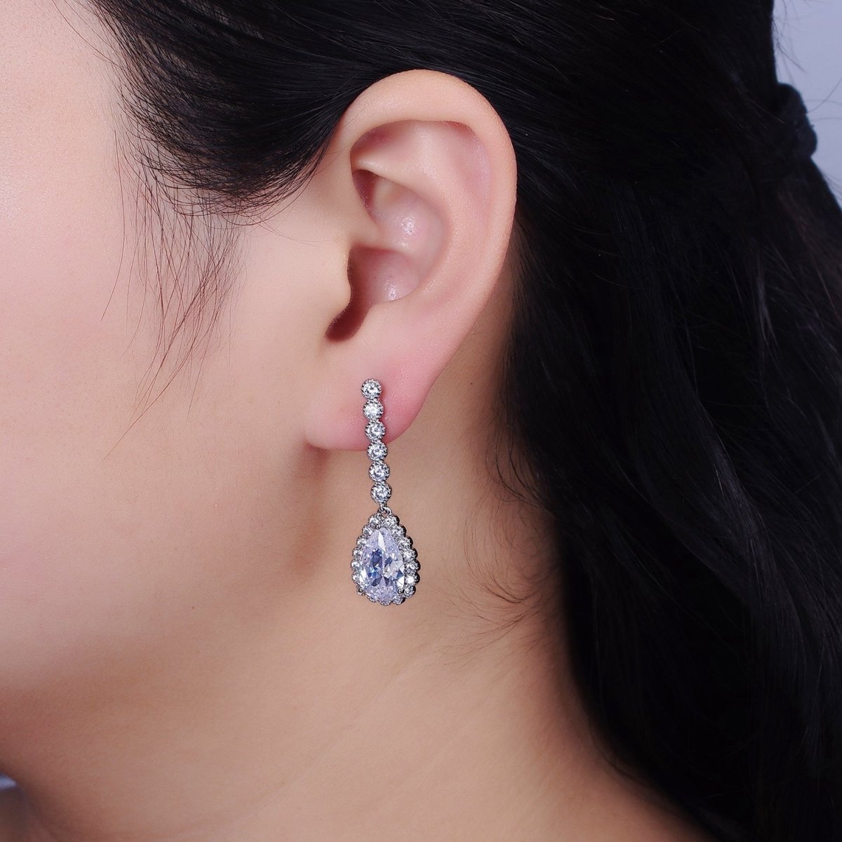 Gold, Silver Rounded Clear Teardrop CZ Linear Drop Stud Earrings | AD960 AD961