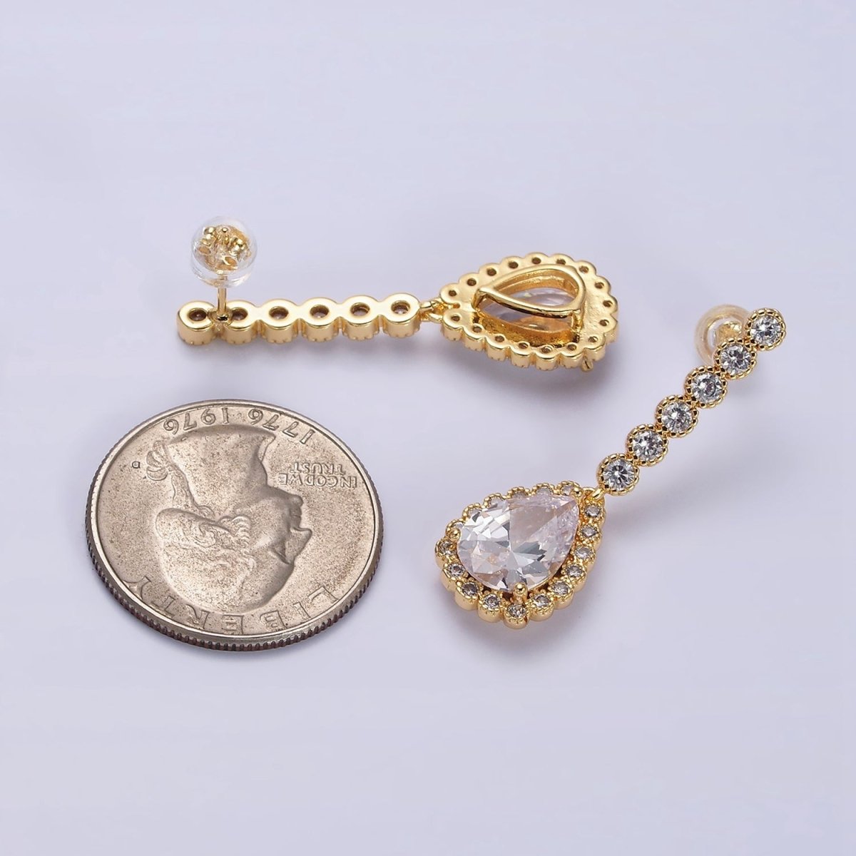 Gold, Silver Rounded Clear Teardrop CZ Linear Drop Stud Earrings | AD960 AD961