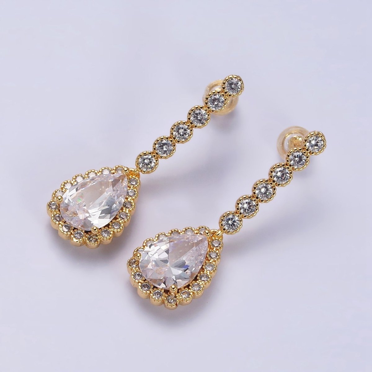 Gold, Silver Rounded Clear Teardrop CZ Linear Drop Stud Earrings | AD960 AD961