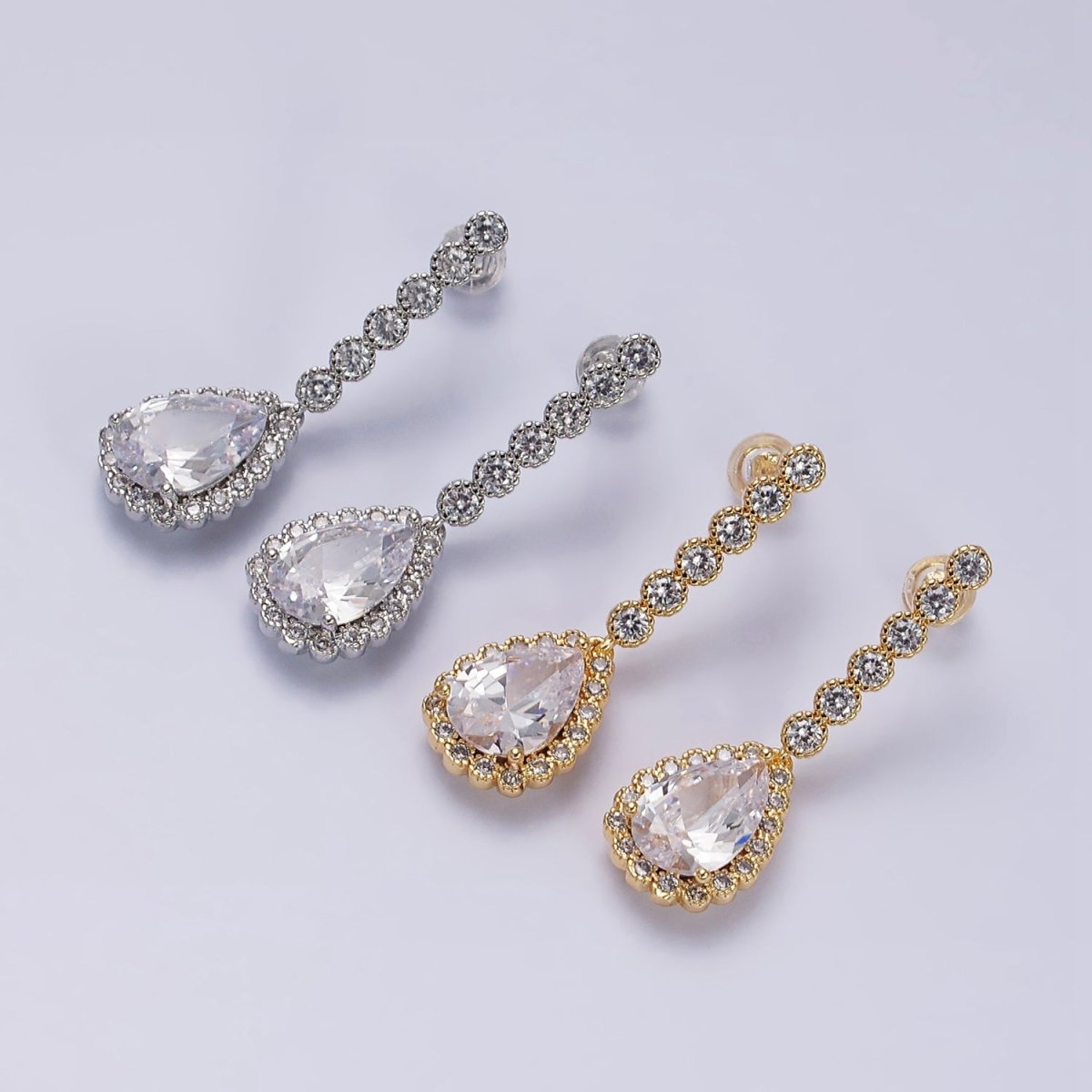 Gold, Silver Rounded Clear Teardrop CZ Linear Drop Stud Earrings | AD960 AD961