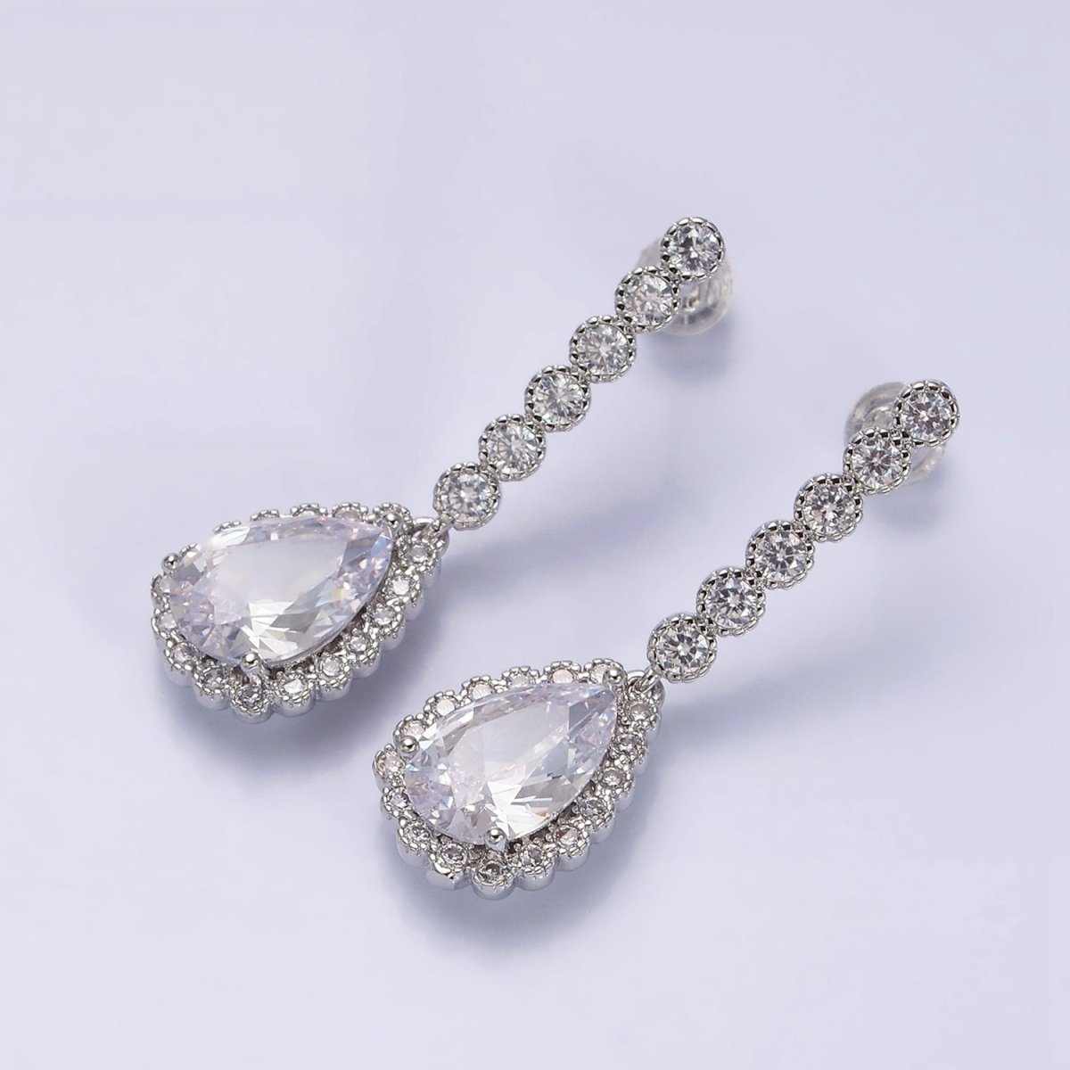 Gold, Silver Rounded Clear Teardrop CZ Linear Drop Stud Earrings | AD960 AD961