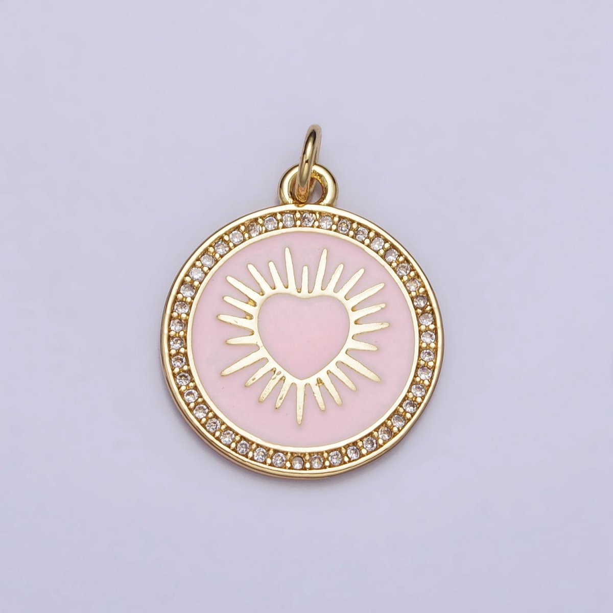 Gold, Silver Sacred Sunburst Ray Heart Pink Enamel Micro Paved Round Charm | AC1013 AC1014