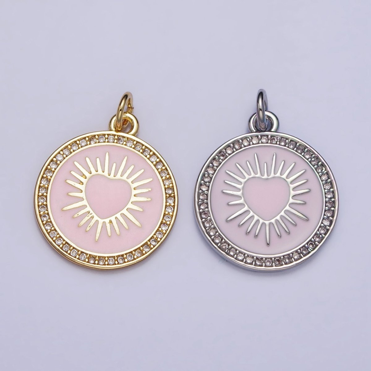 Gold, Silver Sacred Sunburst Ray Heart Pink Enamel Micro Paved Round Charm | AC1013 AC1014