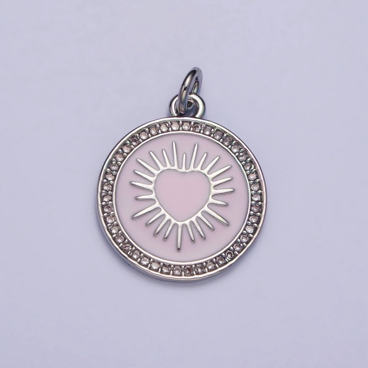 Gold, Silver Sacred Sunburst Ray Heart Pink Enamel Micro Paved Round Charm | AC1013 AC1014