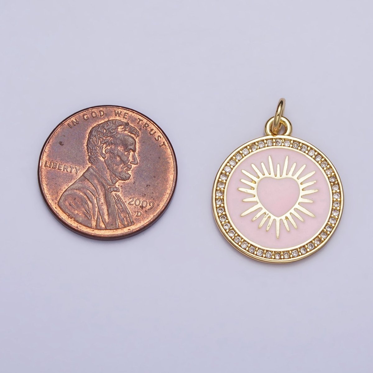 Gold, Silver Sacred Sunburst Ray Heart Pink Enamel Micro Paved Round Charm | AC1013 AC1014