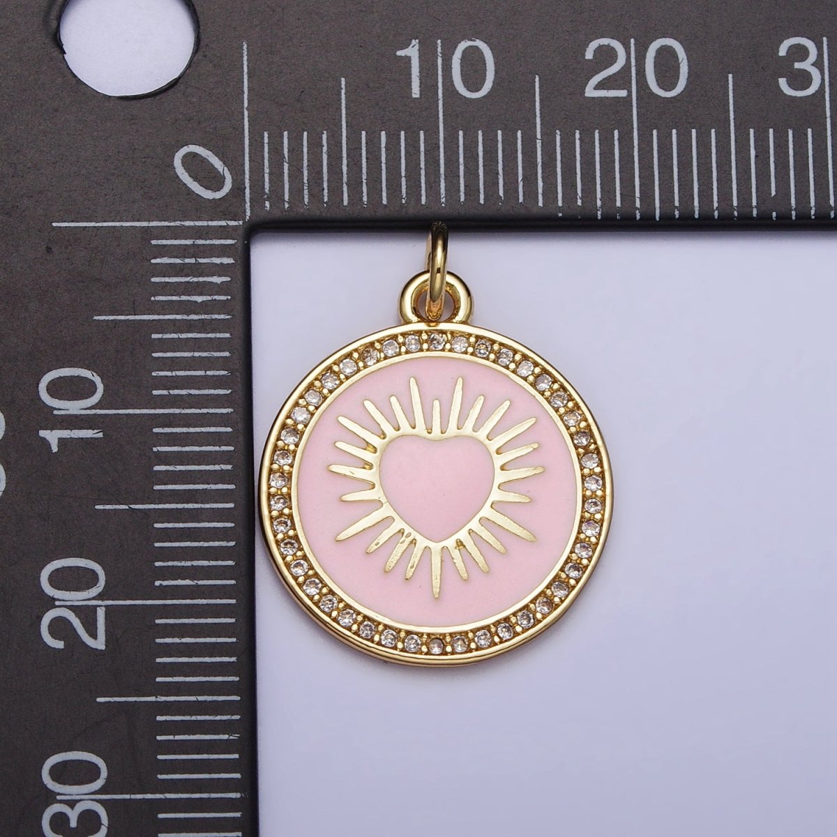 Gold, Silver Sacred Sunburst Ray Heart Pink Enamel Micro Paved Round Charm | AC1013 AC1014