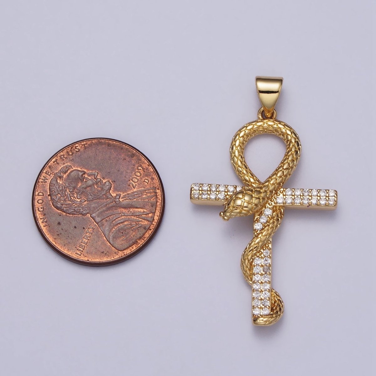 Gold, Silver Snake Ankh Egyptian Clear Micro Paved CZ Cross Pendant | AA392 AA411