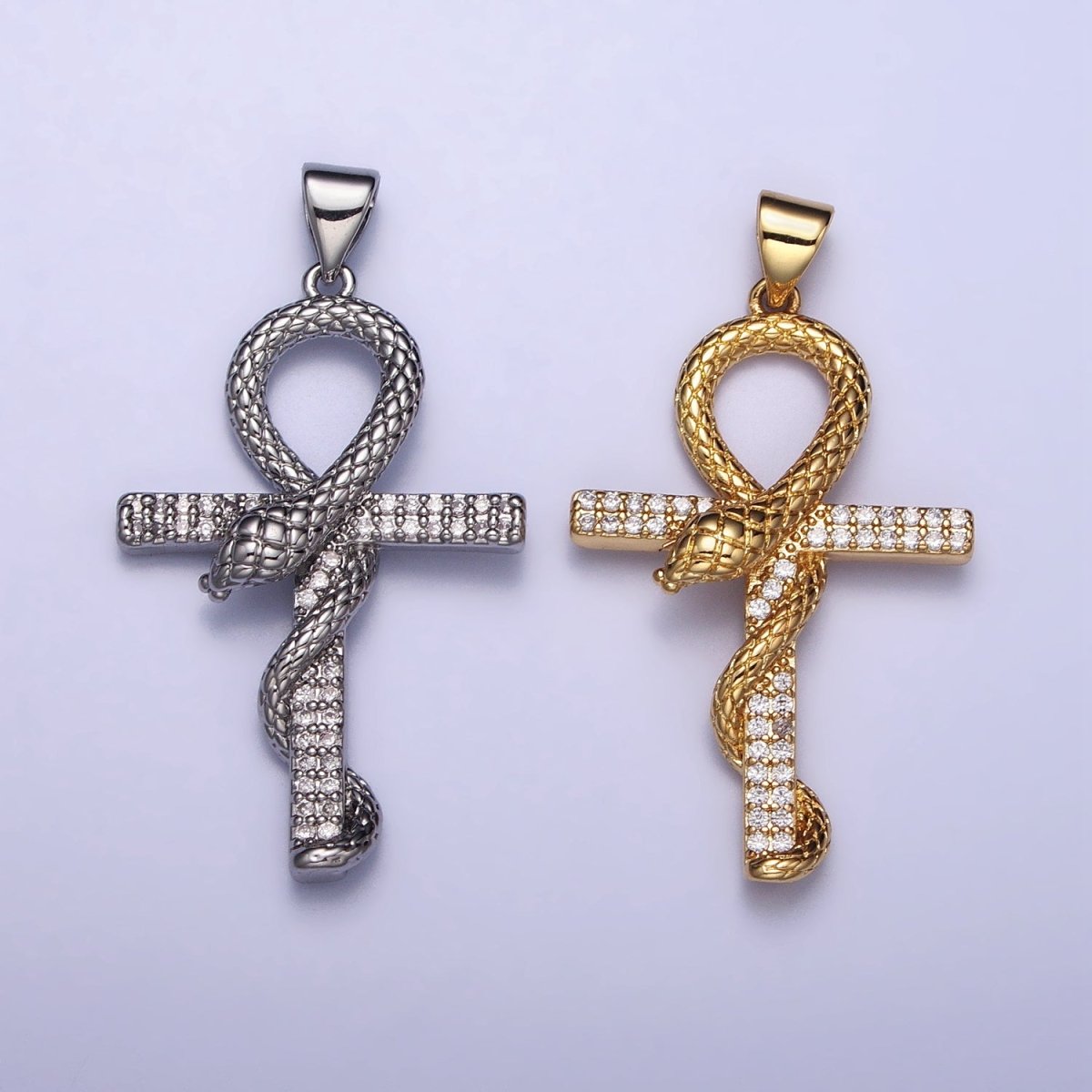 Gold, Silver Snake Ankh Egyptian Clear Micro Paved CZ Cross Pendant | AA392 AA411