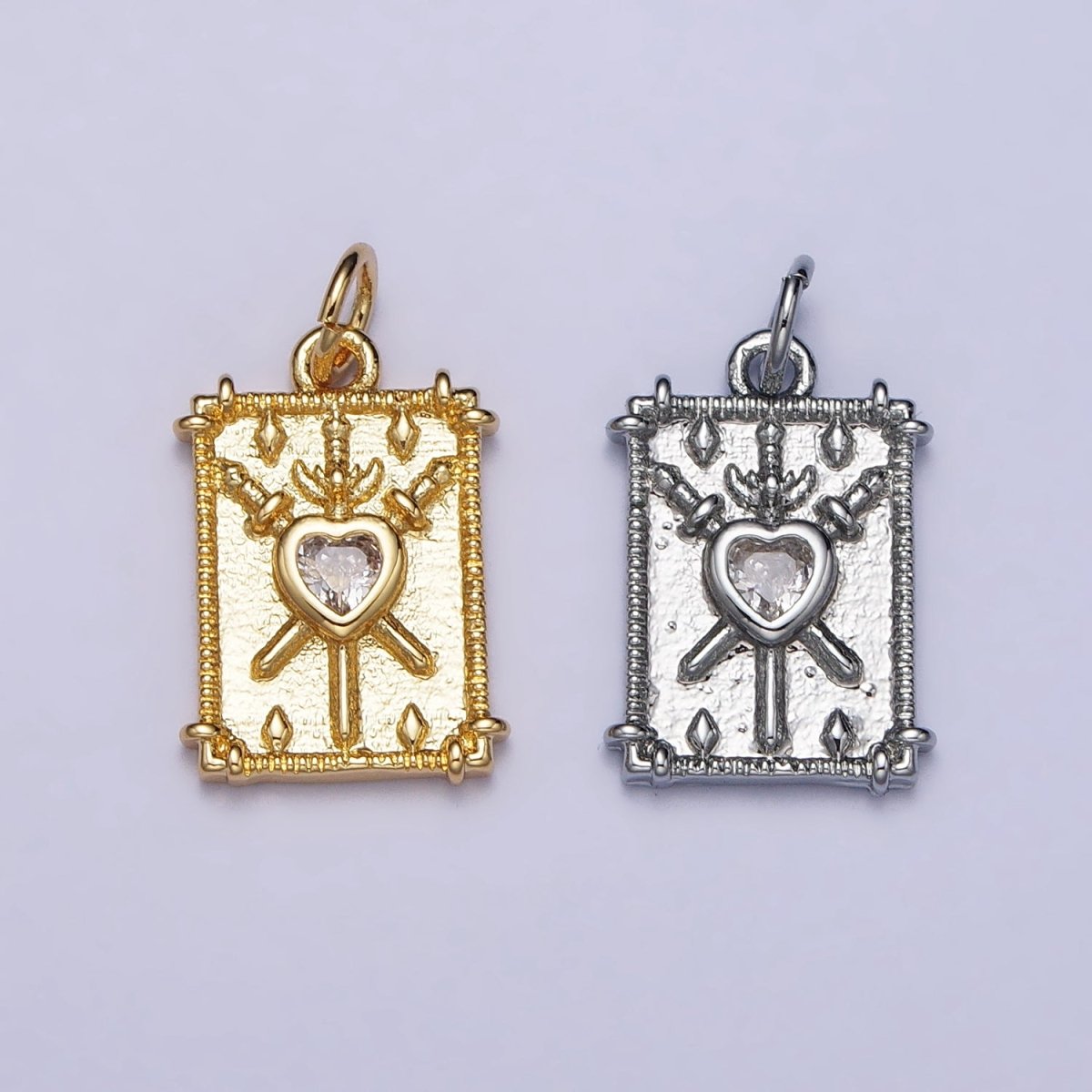 Gold, Silver Tarot "Three of Swords" Clear CZ Heart Rectangular Charm | AC997 AC998