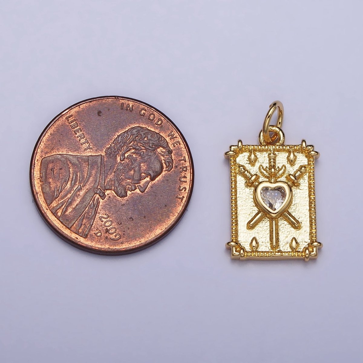 Gold, Silver Tarot "Three of Swords" Clear CZ Heart Rectangular Charm | AC997 AC998