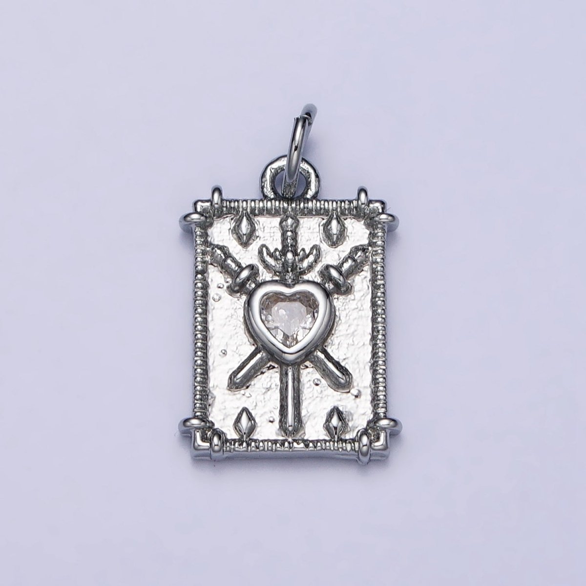 Gold, Silver Tarot "Three of Swords" Clear CZ Heart Rectangular Charm | AC997 AC998