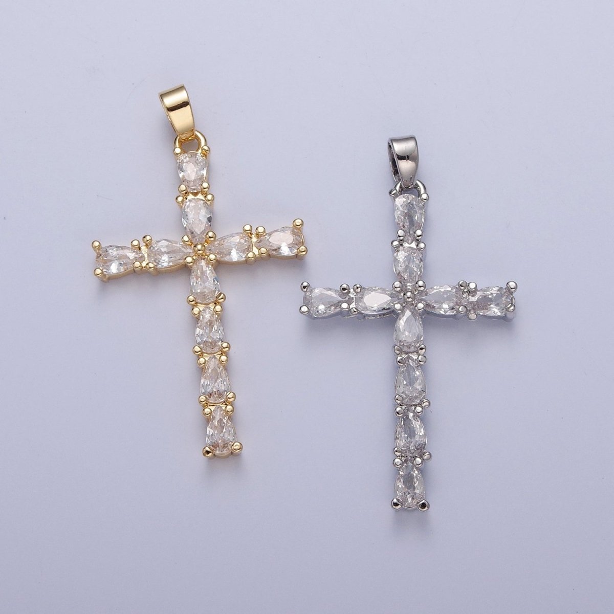 Gold / Silver Tear Drop Cz Cross Pendant for Necklace Rosary Component X-325 X-326
