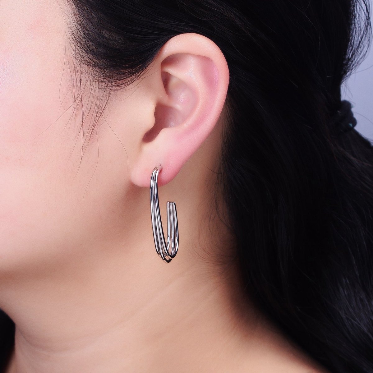 Gold, Silver Triple Band 40mm J-Shaped Geometric Hoop Earrings | AB627 AB628