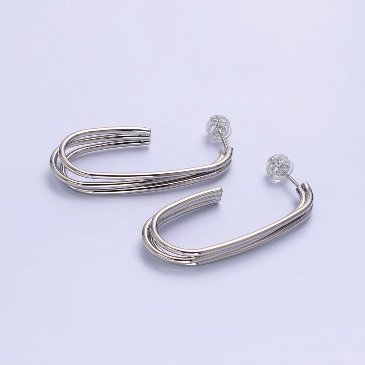 Gold, Silver Triple Band 40mm J-Shaped Geometric Hoop Earrings | AB627 AB628