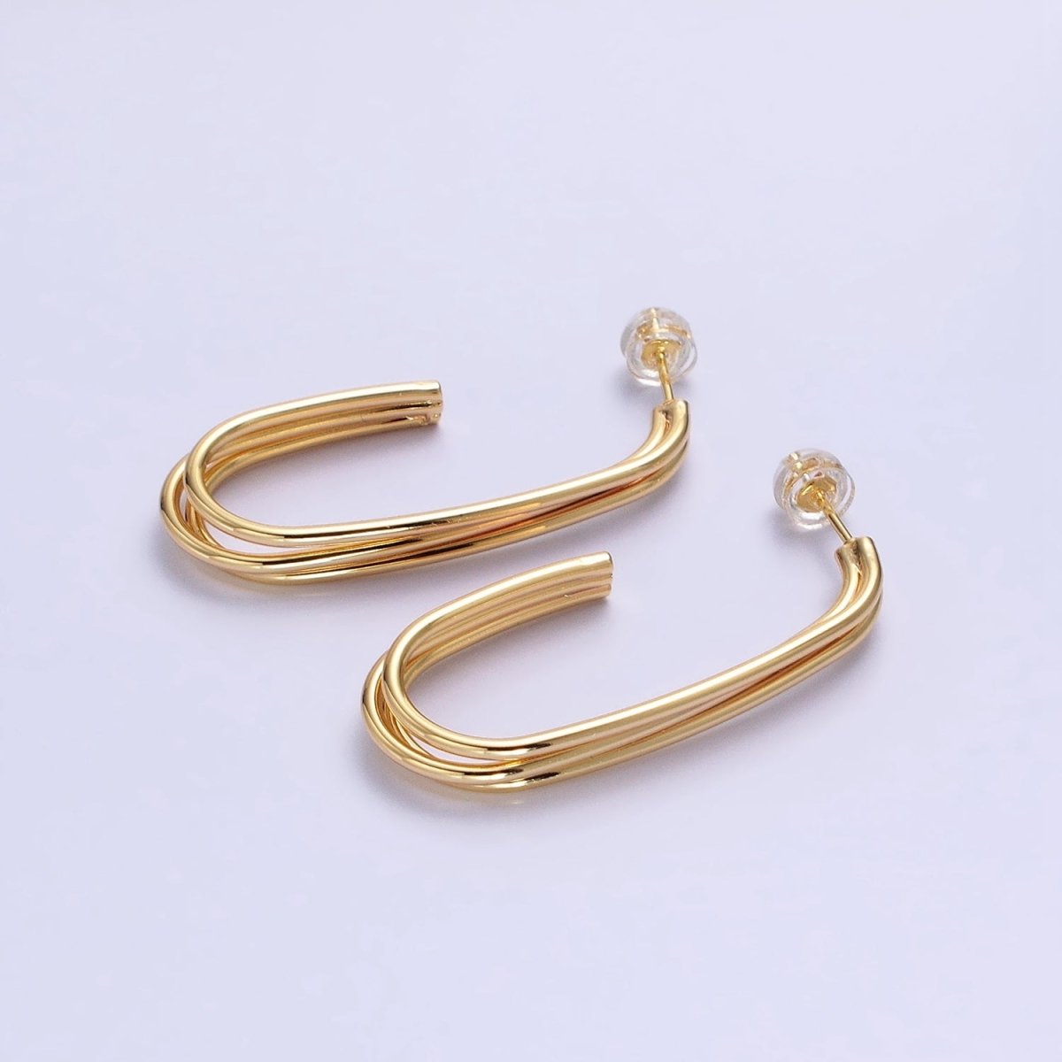 Gold, Silver Triple Band 40mm J-Shaped Geometric Hoop Earrings | AB627 AB628