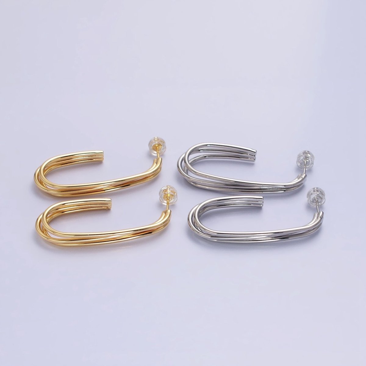 Gold, Silver Triple Band 40mm J-Shaped Geometric Hoop Earrings | AB627 AB628