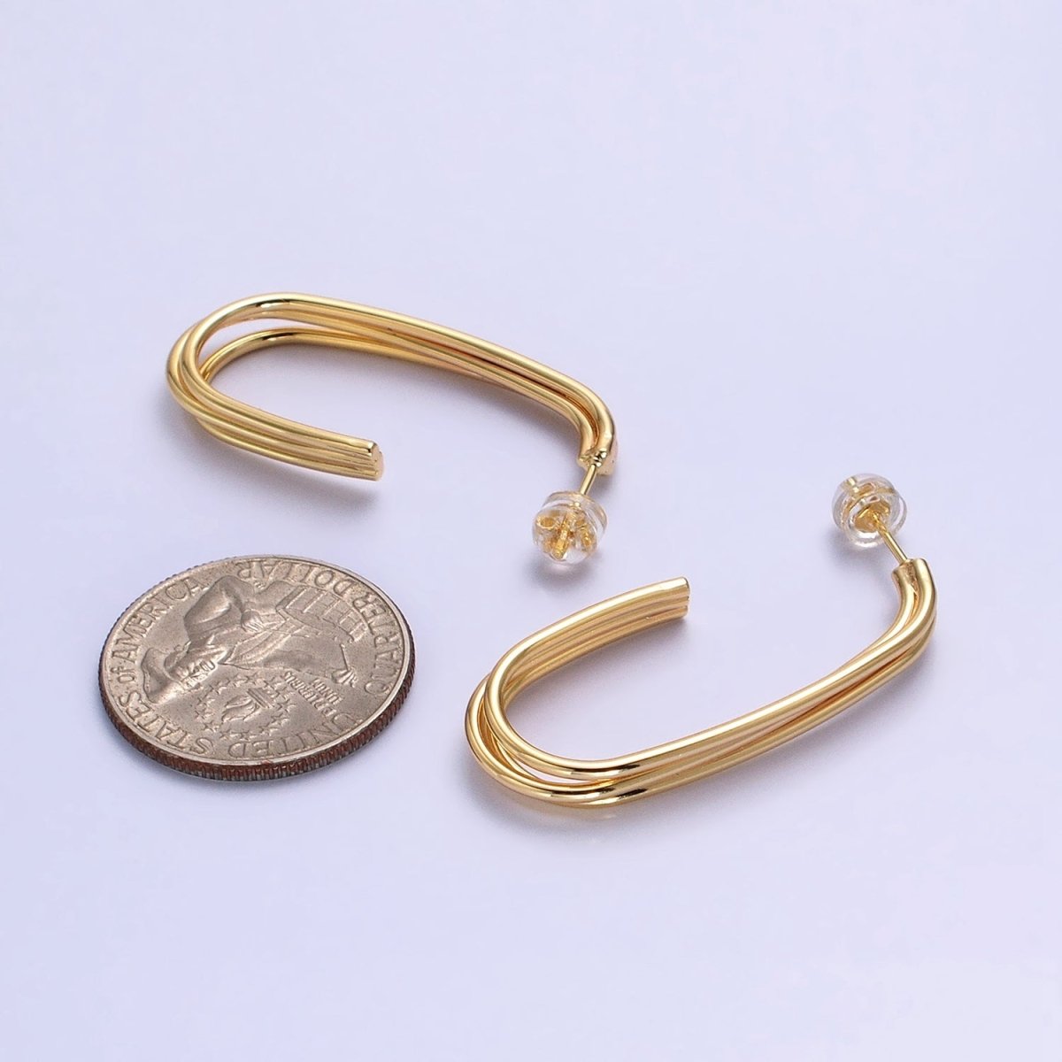 Gold, Silver Triple Band 40mm J-Shaped Geometric Hoop Earrings | AB627 AB628