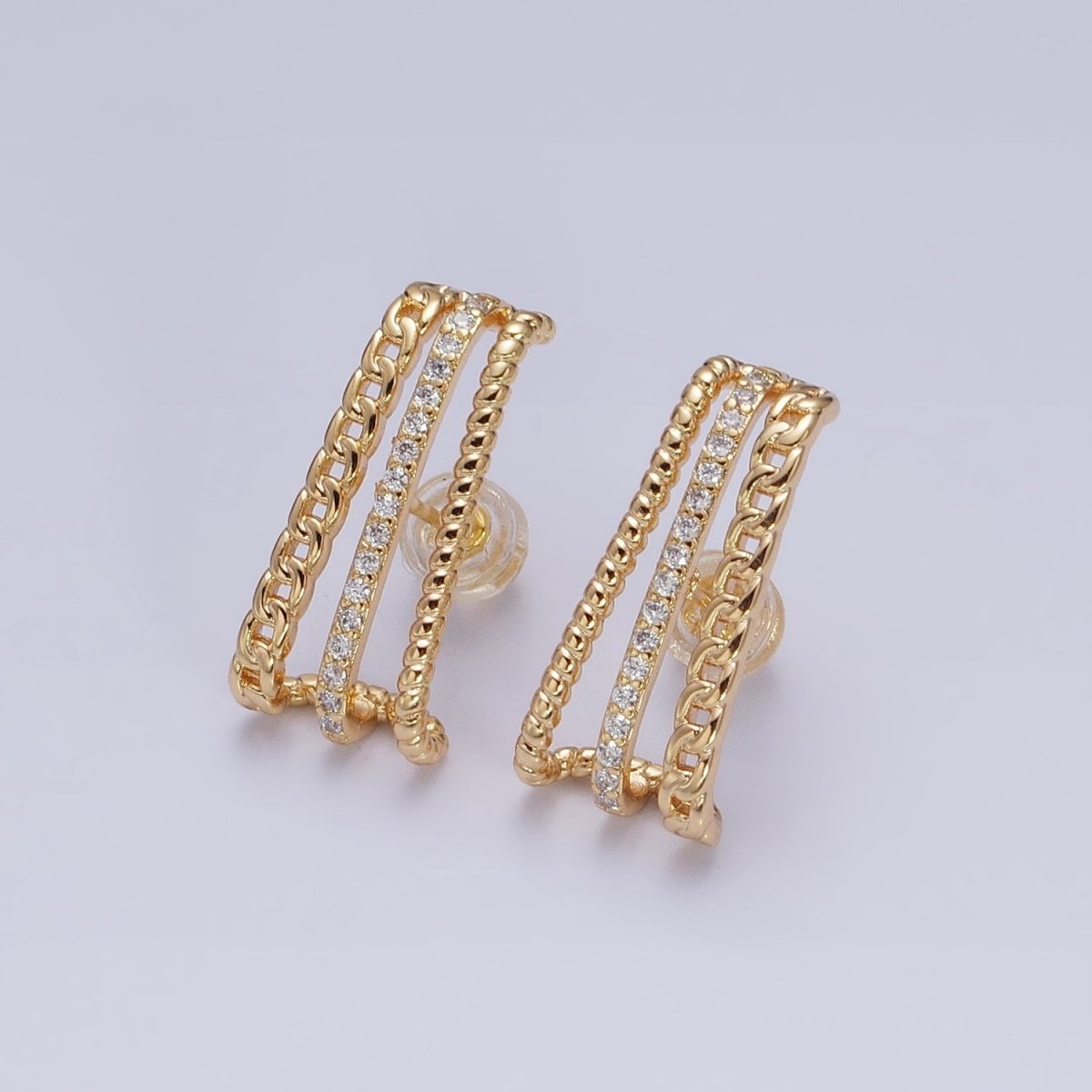 Gold, Silver Triple Bar Curb Micro Paved Twist 20mm Stud Earrings Set | AD937 AD938