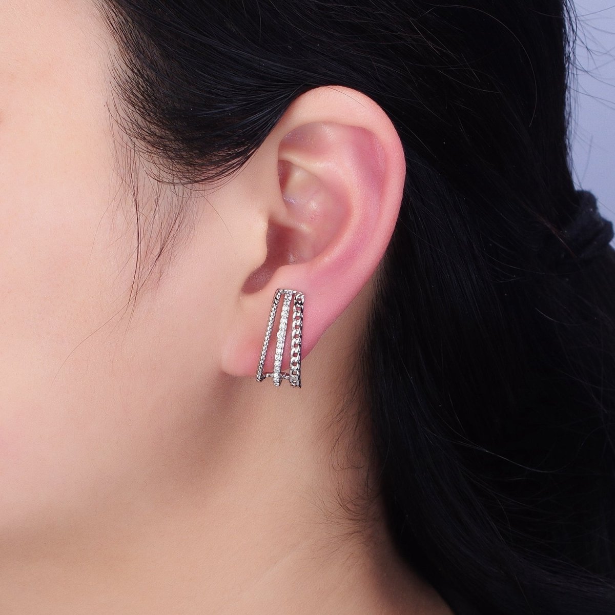 Gold, Silver Triple Bar Curb Micro Paved Twist 20mm Stud Earrings Set | AD937 AD938