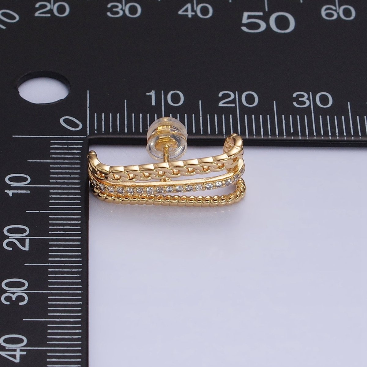 Gold, Silver Triple Bar Curb Micro Paved Twist 20mm Stud Earrings Set | AD937 AD938