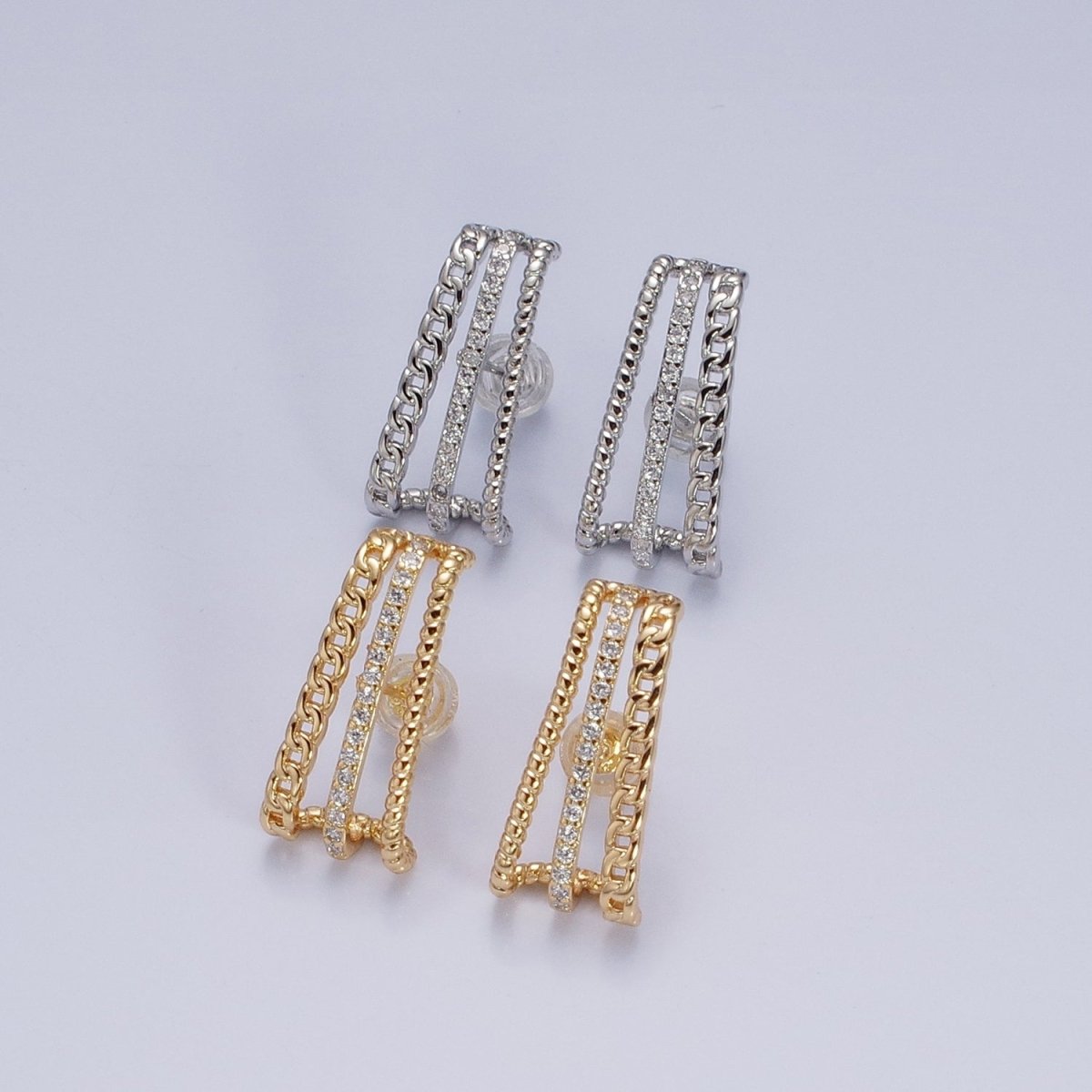 Gold, Silver Triple Bar Curb Micro Paved Twist 20mm Stud Earrings Set | AD937 AD938