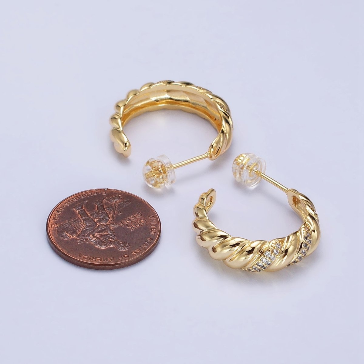 Gold, Silver Triple Micro Paved CZ Croissant C-Shaped Hoop Earrings | AB482 AB731