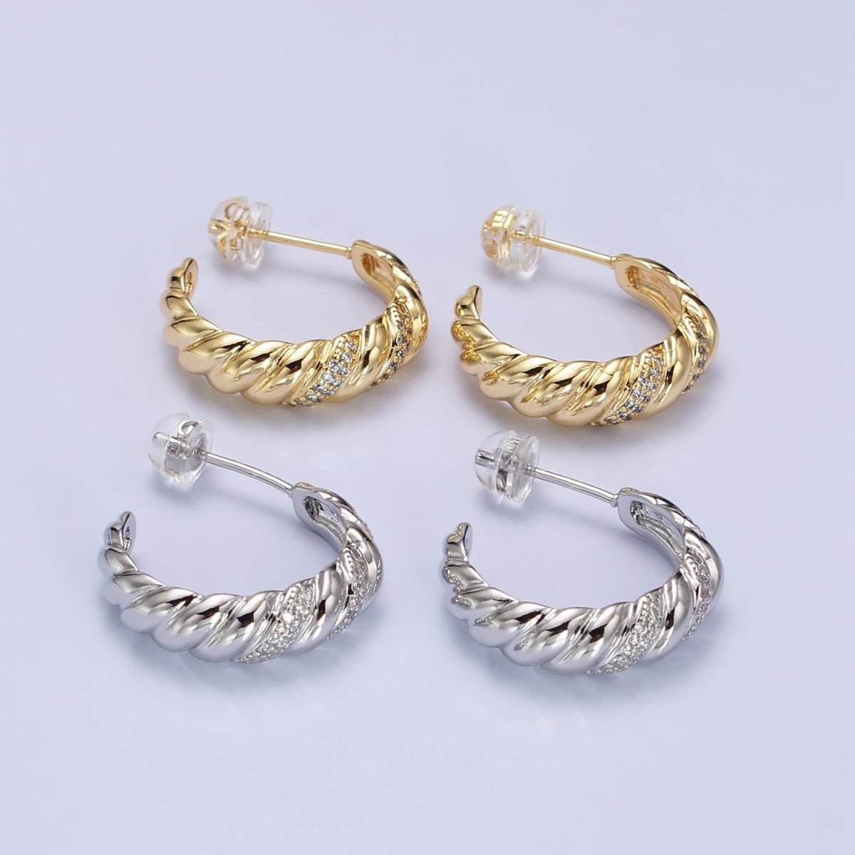 Gold, Silver Triple Micro Paved CZ Croissant C-Shaped Hoop Earrings | AB482 AB731