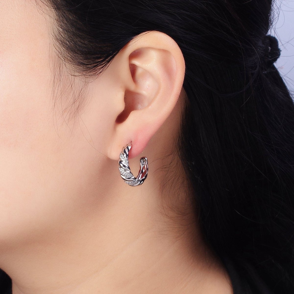 Gold, Silver Triple Micro Paved CZ Croissant C-Shaped Hoop Earrings | AB482 AB731