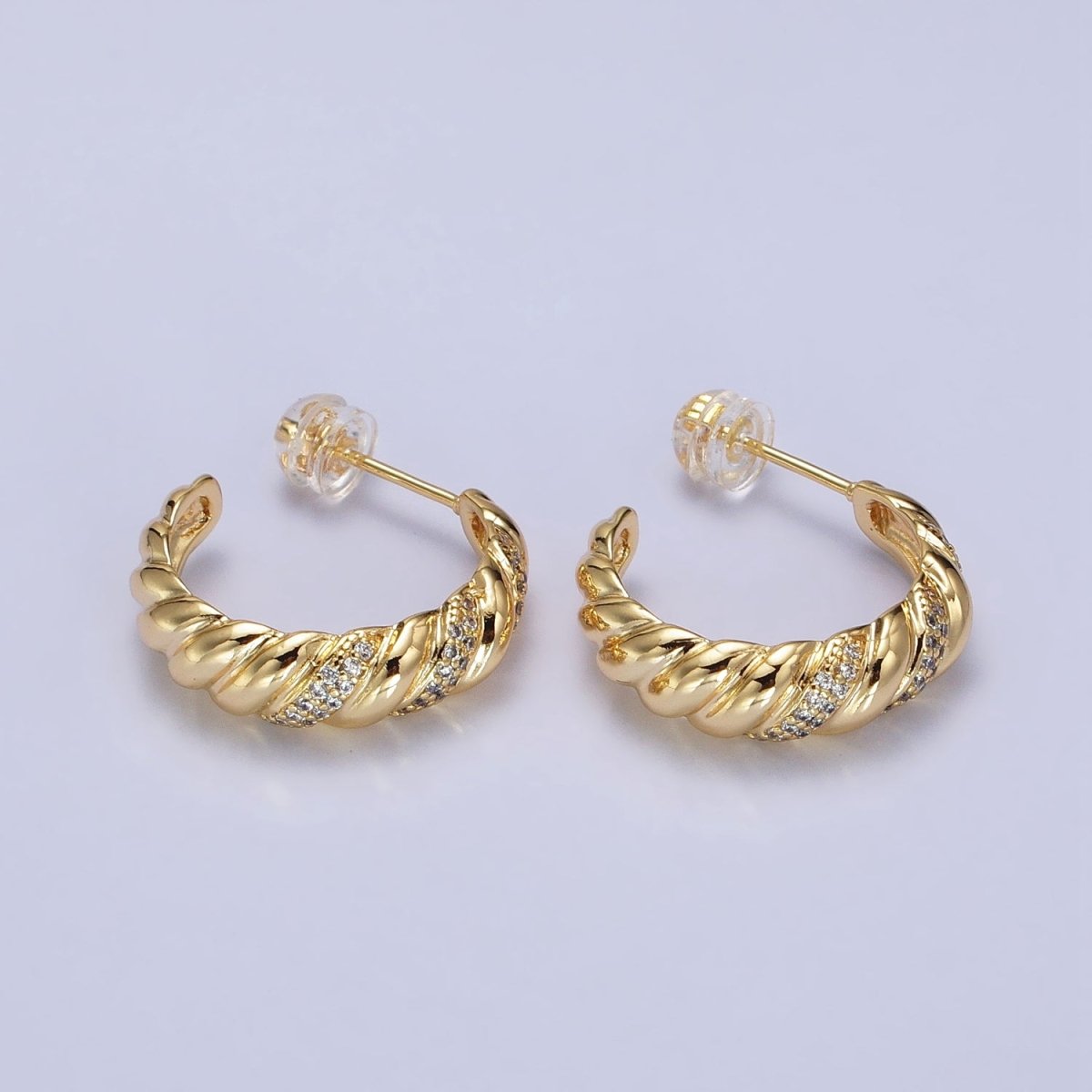 Gold, Silver Triple Micro Paved CZ Croissant C-Shaped Hoop Earrings | AB482 AB731