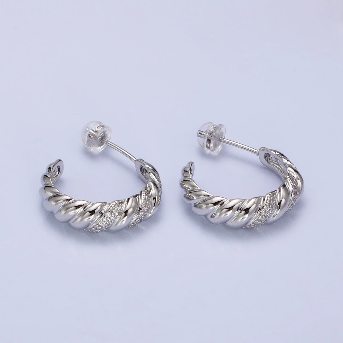 Gold, Silver Triple Micro Paved CZ Croissant C-Shaped Hoop Earrings | AB482 AB731