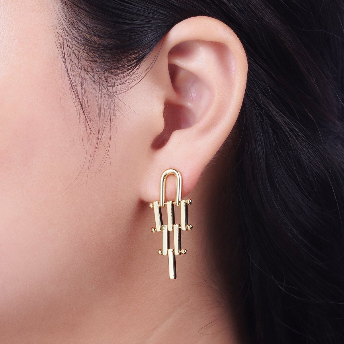 Gold & Silver U Shaped Bar Link Dangle Studs Earrings | AD-112 AD-113