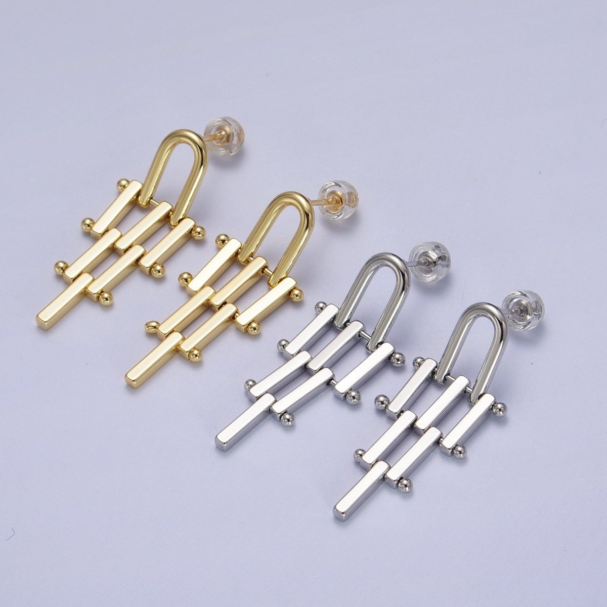 Gold & Silver U Shaped Bar Link Dangle Studs Earrings | AD-112 AD-113