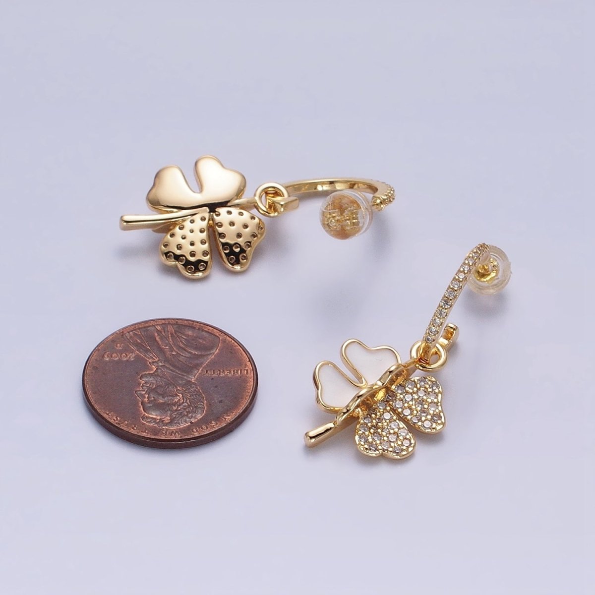Gold, Silver White Enamel Micro Paved CZ Clover Drop J-Shaped Hoop Stud Earrings | AD785 AD797