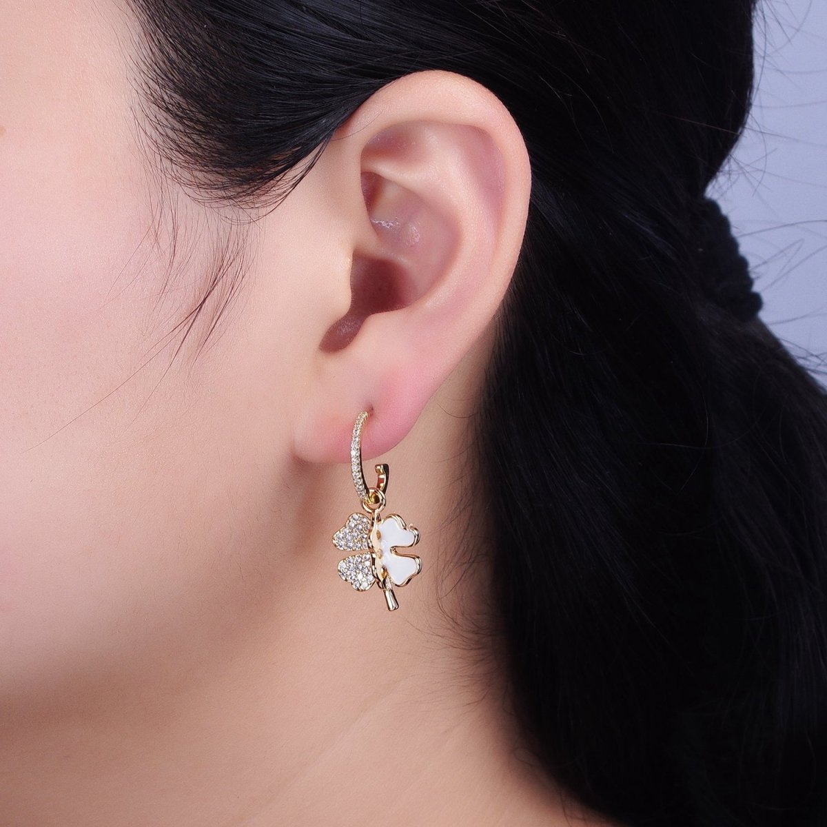 Gold, Silver White Enamel Micro Paved CZ Clover Drop J-Shaped Hoop Stud Earrings | AD785 AD797