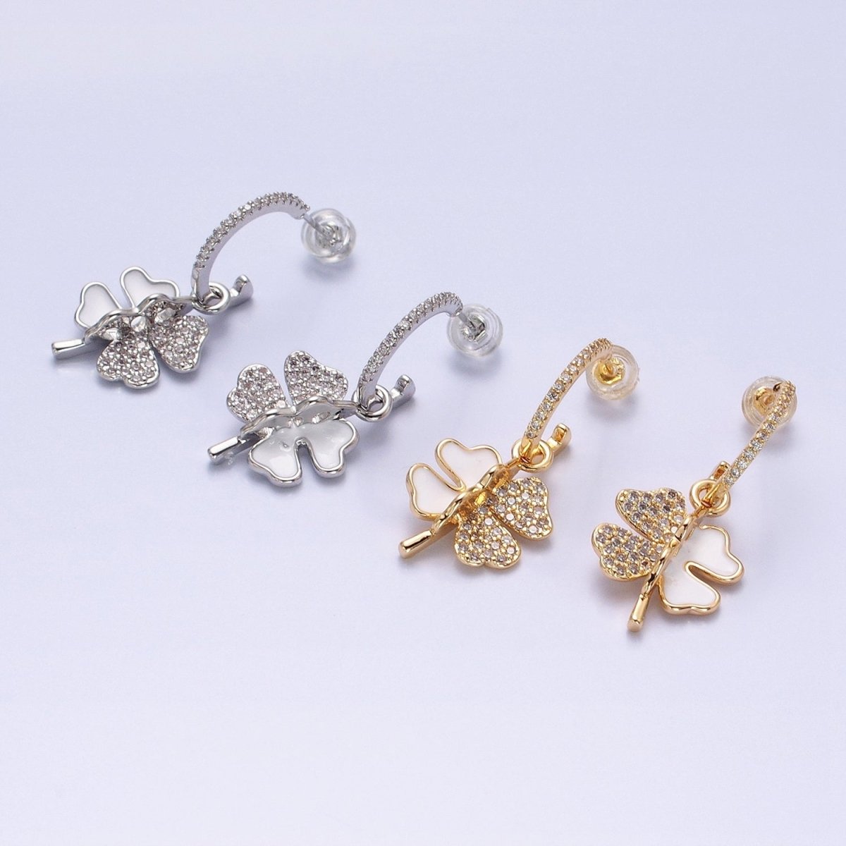 Gold, Silver White Enamel Micro Paved CZ Clover Drop J-Shaped Hoop Stud Earrings | AD785 AD797
