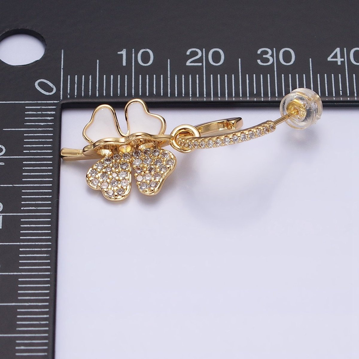 Gold, Silver White Enamel Micro Paved CZ Clover Drop J-Shaped Hoop Stud Earrings | AD785 AD797