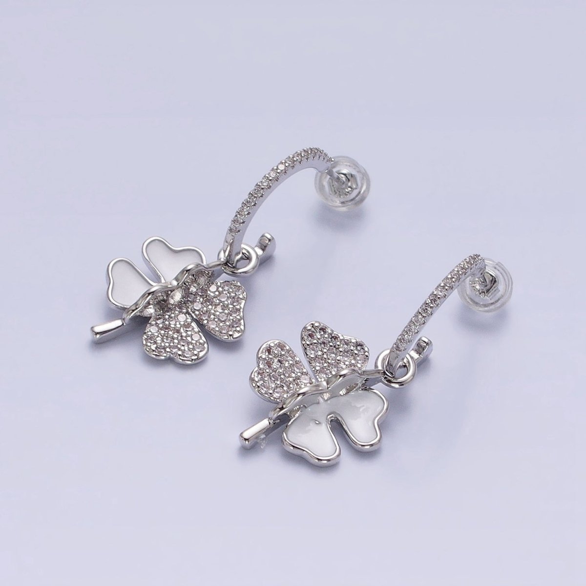 Gold, Silver White Enamel Micro Paved CZ Clover Drop J-Shaped Hoop Stud Earrings | AD785 AD797