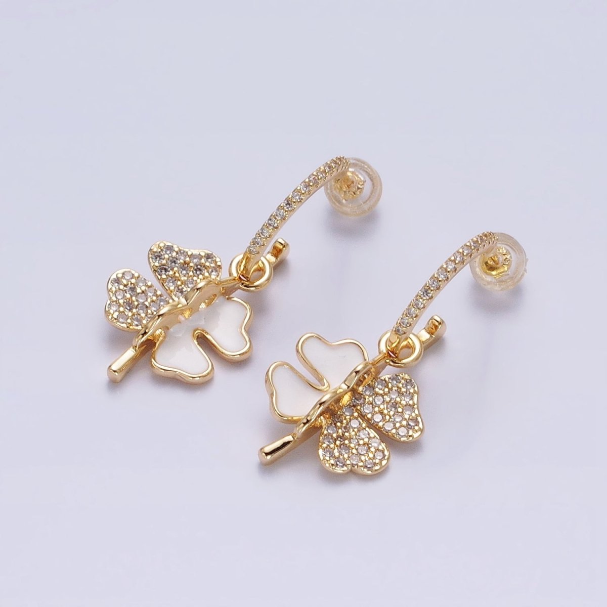 Gold, Silver White Enamel Micro Paved CZ Clover Drop J-Shaped Hoop Stud Earrings | AD785 AD797