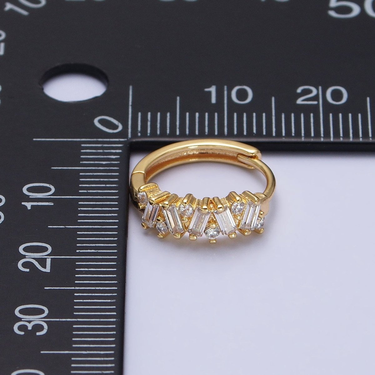 Gold, Silver Zig-Zag Clear Baguette CZ 15mm Huggie Hoop Earrings | AB522 AB527
