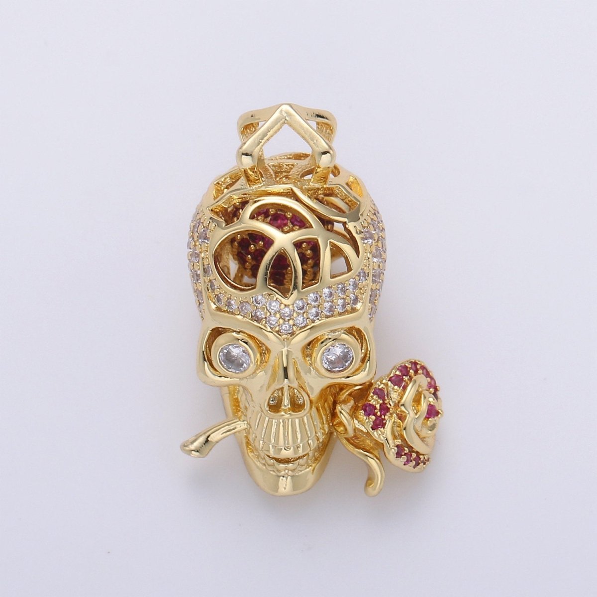 Gold Skull Rose pendant Micro Pave Pendant Clear Cubic Zirconia skull for Statement necklace Day of the Dead Jewelry I-730 - DLUXCA